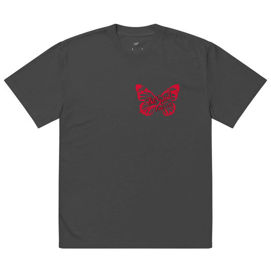 Front view of the SALA 3 | Attitude Oversize Red Eco Canvas by PapiJohn® in Faded Black. Featuring a heavy boxy vintage fit with fiery red butterfly signature artwork by $arah Free 💎. High-end oversized streetwear curated in Cadifornia.