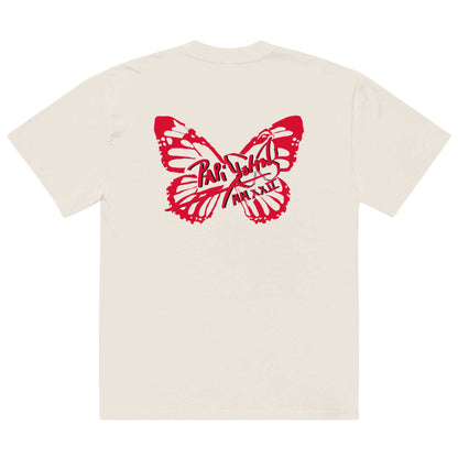 Back view showing the boxy fit and subtle off-white faded bone cotton texture of the SALA 3 | Attitude Oversize Red Eco Canvas by PapiJohn®. Gallery archive piece and honest luxury streetwear curated in Cadifornia by $arah Free 💎.