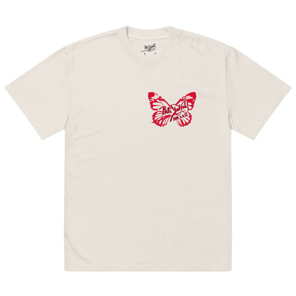 Front view of the SALA 3 | Attitude Oversize Red Eco Canvas by PapiJohn® in Faded Bone. Featuring high-contrast fiery red butterfly logo artwork on off-white vintage faded bone canvas by $arah Free 💎. High-end streetwear de autor curated in Cadifornia.