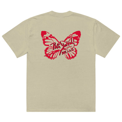 Back view showing the boxy drape and garment-dyed faded eucalyptus organic cotton of the SALA 3 | Attitude Oversize Red Eco Canvas by PapiJohn®. Gallery archive piece and honest luxury apparel curated in Cadifornia by $arah Free 💎.