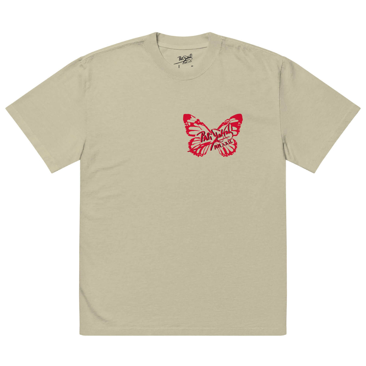 Front view of the SALA 3 | Attitude Oversize Red Eco Canvas by PapiJohn® in Faded Eucalyptus. Featuring intense red monarch butterfly graphics on muted eucalyptus green canvas by $arah Free 💎. High-end luxury oversized streetwear curated in Cadifornia.