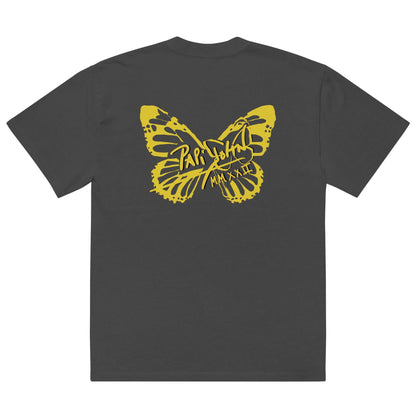 Back view showing the boxy oversized silhouette, dropped shoulders, and washed faded black vintage canvas of the SALA 3 | Attitude Oversize Yellow Eco Canvas by PapiJohn®. Honest luxury wearable art curated in Cadifornia by $arah Free 💎.