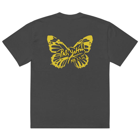Back view showing the boxy oversized silhouette, dropped shoulders, and washed faded black vintage canvas of the SALA 3 | Attitude Oversize Yellow Eco Canvas by PapiJohn®. Honest luxury wearable art curated in Cadifornia by $arah Free 💎.
