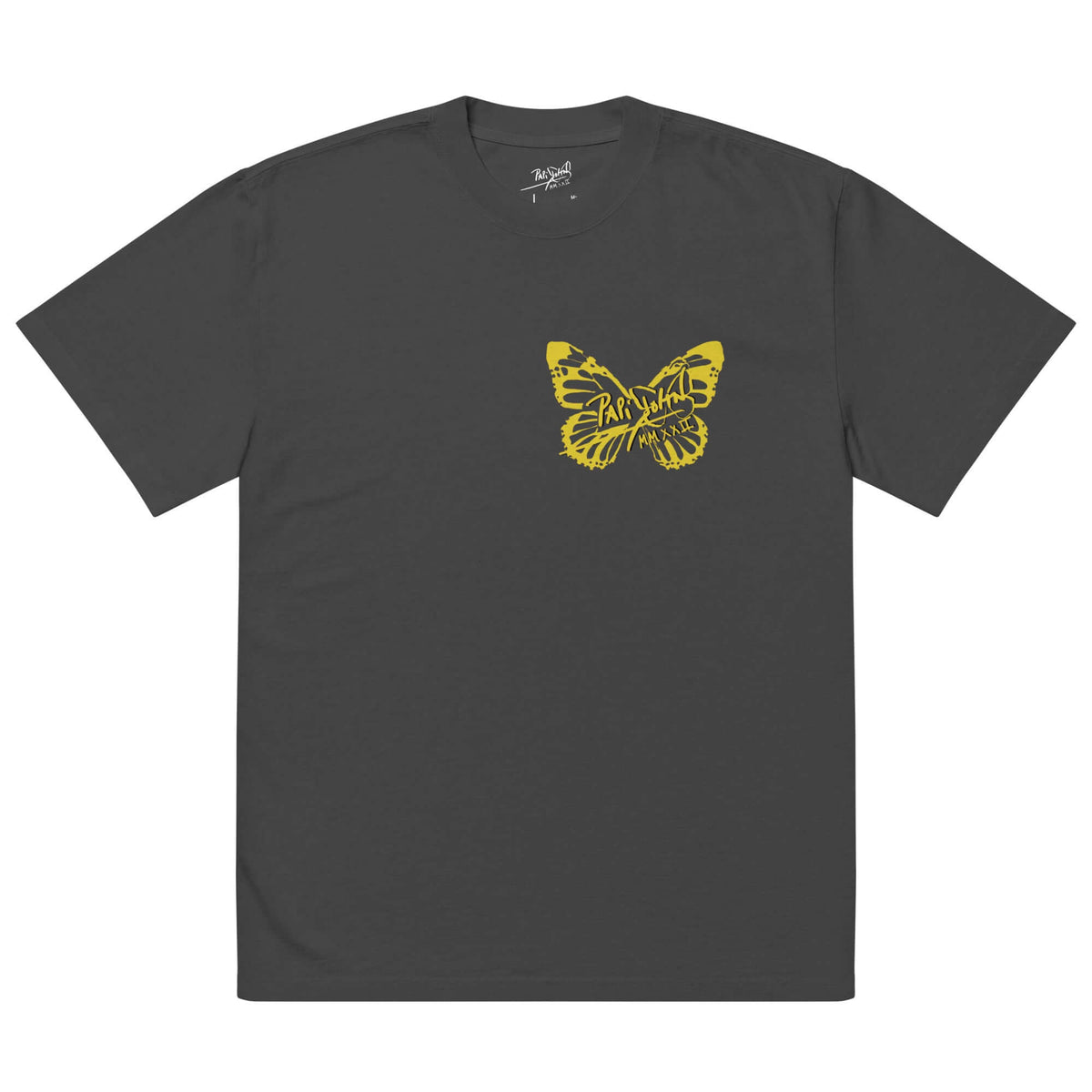Front view of the SALA 3 | Attitude Oversize Yellow Eco Canvas by PapiJohn® in Faded Black. Featuring a heavy boxy vintage fit with bright solar yellow butterfly signature artwork by $arah Free 💎. High-end oversized streetwear curated in Cadifornia.