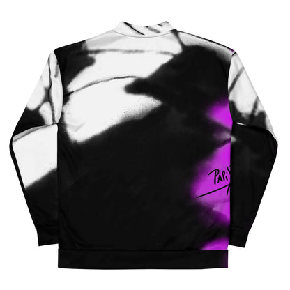 Back view showing the retro unisex fit and full pink monarch butterfly wing back print on the SALA 3 | Attitude Pink Monarca bomber studio jacket by PapiJohn®. Gallery archive piece, honest luxury statement coat, and wearable art curated in Cadifornia by $arah Free 💎.