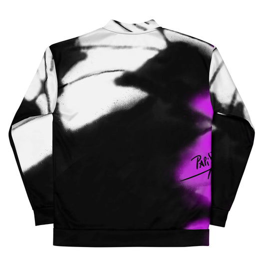 Back view showing the retro unisex fit and full pink monarch butterfly wing back print on the SALA 3 | Attitude Pink Monarca bomber studio jacket by PapiJohn®. Gallery archive piece, honest luxury statement coat, and wearable art curated in Cadifornia by $arah Free 💎.