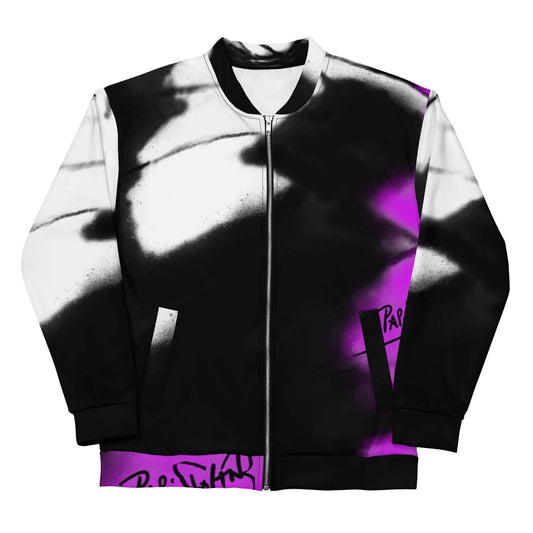 Front view of the SALA 3 | Attitude Pink Monarca bomber studio jacket by PapiJohn®. Featuring vibrant pink monarch butterfly wing artwork and high-end construction by $arah Free 💎. High-end streetwear and honest luxury outerwear de autor curated in Cadifornia.