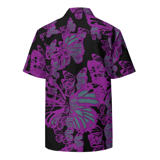 Back view showing the relaxed drape and continuous purple monarch butterfly swarm graphic on the SALA 3 | Attitude Purple Monarca Surf Shirt by PapiJohn®. Eco studio canvas, gallery archive piece, and honest luxury wearable art curated in Cadifornia by $arah Free 💎.
