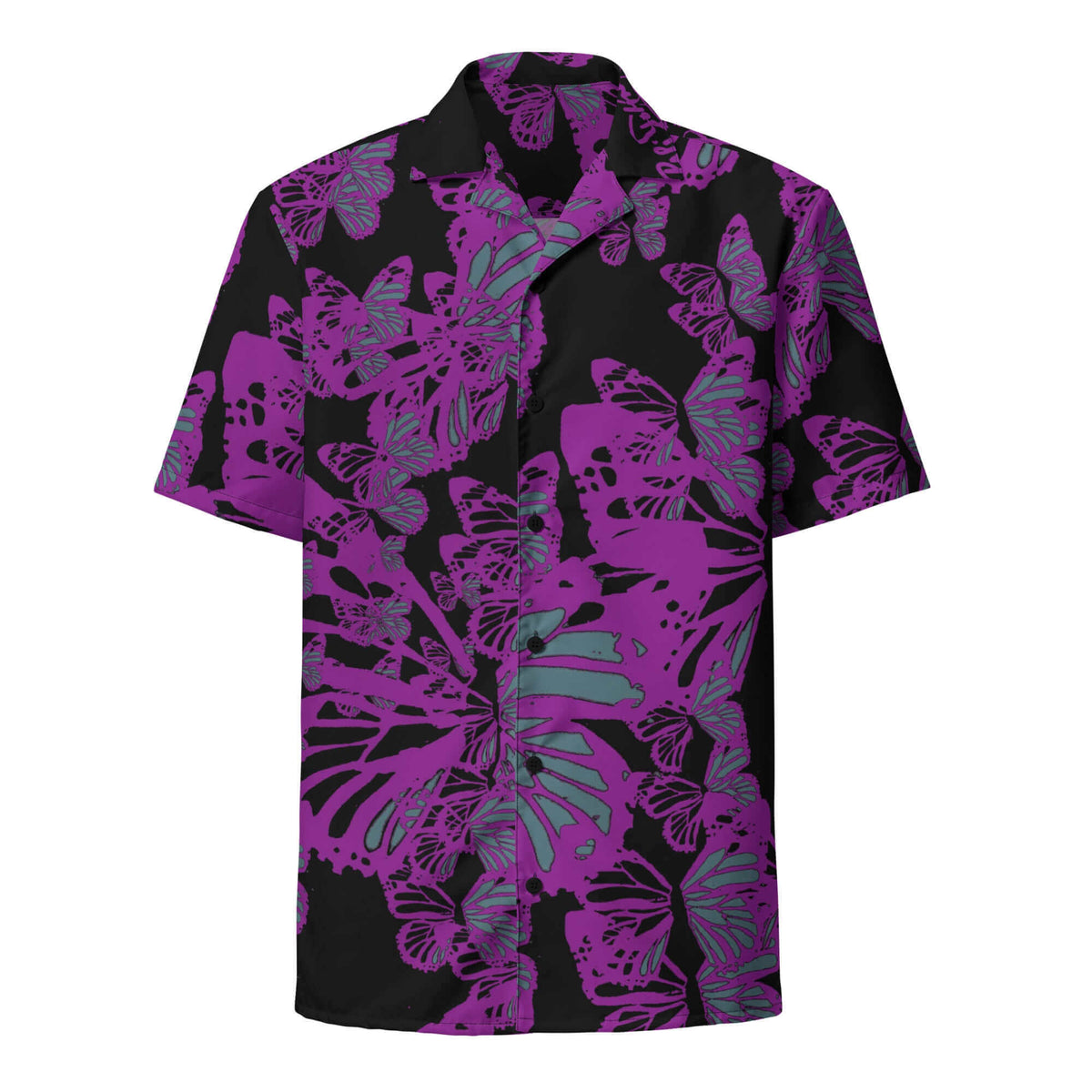 Front view of the SALA 3 | Attitude Purple Monarca Surf Shirt by PapiJohn®. Featuring a high-saturation purple gradient monarch butterfly swarm artwork by $arah Free 💎. High-end streetwear and luxury streetwear de autor curated in Cadifornia.