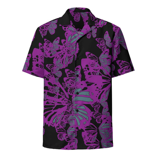 Front view of the SALA 3 | Attitude Purple Monarca Surf Shirt by PapiJohn®. Featuring a high-saturation purple gradient monarch butterfly swarm artwork by $arah Free 💎. High-end streetwear and luxury streetwear de autor curated in Cadifornia.