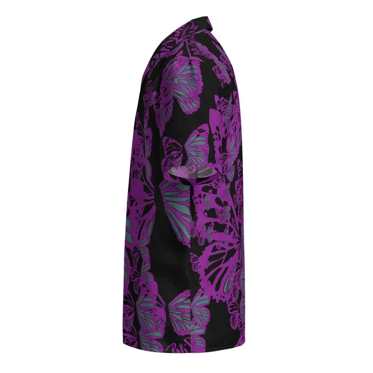 Side profile view showing the left side and sleeve of the SALA 3 | Attitude Purple Monarca Surf Shirt by PapiJohn®. Highlighting the electric purple monarch butterfly wing details on eco canvas by $arah Free 💎.