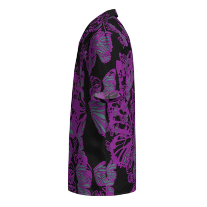 Side profile view showing the left side and sleeve of the SALA 3 | Attitude Purple Monarca Surf Shirt by PapiJohn®. Highlighting the electric purple monarch butterfly wing details on eco canvas by $arah Free 💎.