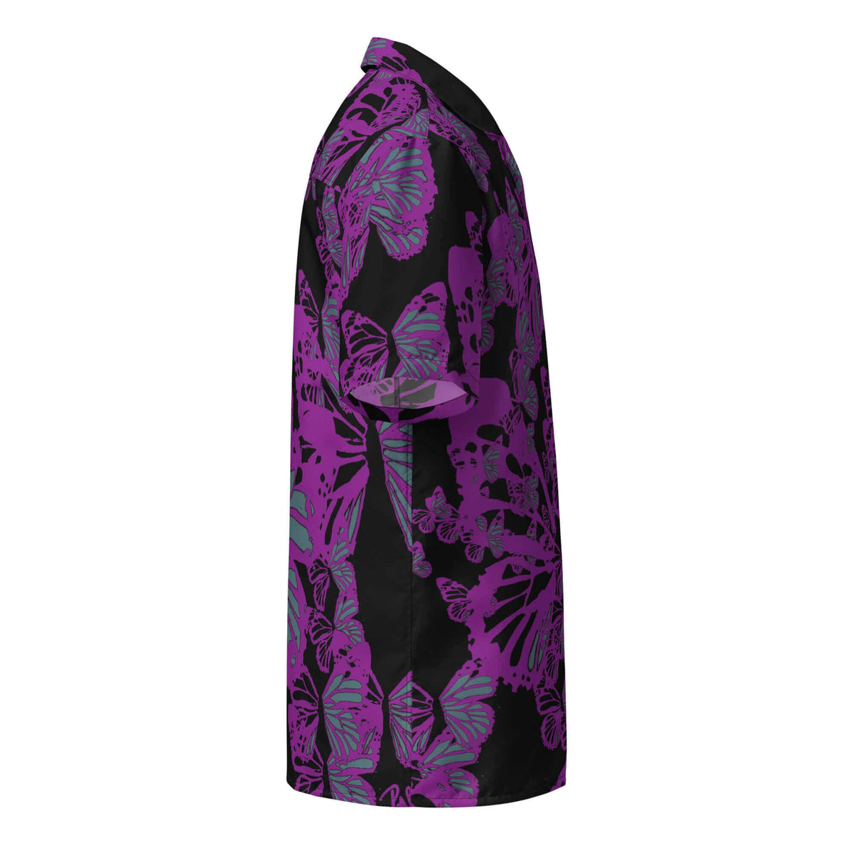 Side profile view showing the right side and sleeve of the SALA 3 | Attitude Purple Monarca Surf Shirt by PapiJohn®. Showcasing the seamless all-over purple butterfly swarm flight graphic and raw stroke finish by $arah Free 💎.