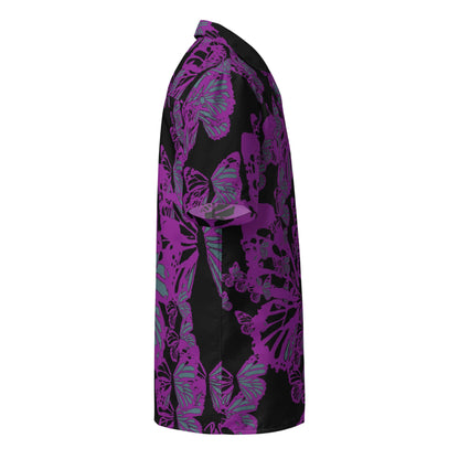 Side profile view showing the right side and sleeve of the SALA 3 | Attitude Purple Monarca Surf Shirt by PapiJohn®. Showcasing the seamless all-over purple butterfly swarm flight graphic and raw stroke finish by $arah Free 💎.