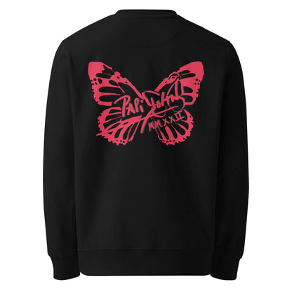Back view showing the structured fit and deep black eco-cotton canvas of the SALA 3 | Attitude Red Firm Eco Crew by PapiJohn®. Gallery archive piece, honest luxury crewneck, and wearable art curated in Cadifornia by $arah Free 💎.