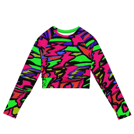 Front view of the SALA 3 | Attitude Retro Disco eco crop top in vibrant pink canvas by PapiJohn®. Featuring hyper-saturated neon butterfly glitch artwork with scribbled black contours by $arah Free 💎. High-end streetwear and luxury streetwear de autor curated in Cadifornia.