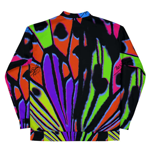 Back view showing the retro fit and full-scale 80s psychedelic monarch butterfly back print on the SALA 3 | Attitude Retro Monarca bomber studio jacket by PapiJohn®. Gallery archive piece, honest luxury statement coat, and wearable art curated in Cadifornia by $arah Free 💎.