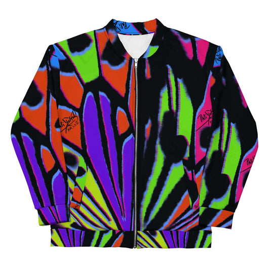 Front view of the SALA 3 | Attitude Retro Monarca bomber studio jacket by PapiJohn®. Featuring 80s retro-futuristic psychedelic monarch butterfly artwork by $arah Free 💎. High-end streetwear and luxury outerwear de autor curated in Cadifornia.