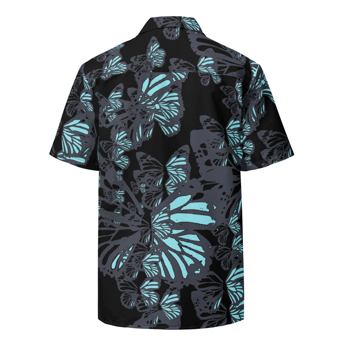 Back view showing the relaxed drape and continuous iridescent silver monarch butterfly print on the SALA 3 | Attitude Silver Monarca Surf Shirt by PapiJohn®. Eco studio canvas, gallery archive piece, and honest luxury wearable art curated in Cadifornia by $arah Free 💎.