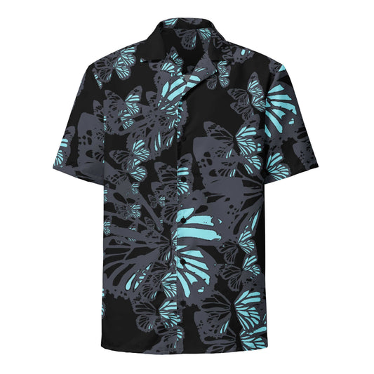 Front view of the SALA 3 | Attitude Silver Monarca Surf Shirt by PapiJohn®. Featuring iridescent silver-grey and subtle blueish monarch butterfly swarm artwork on faded black canvas by $arah Free 💎. High-end streetwear and luxury streetwear de autor curated in Cadifornia.