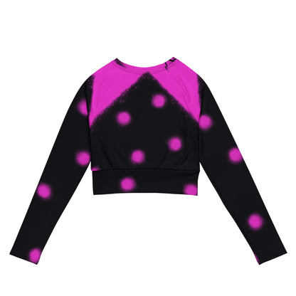 Back view showing the athletic fit and continuous pink graffiti polka dot and splatter print on the SALA 3 | Attitude Topos Graff eco crop top by PapiJohn®. Gallery archive piece, honest luxury crop top, and wearable art curated in Cadifornia by $arah Free 💎.