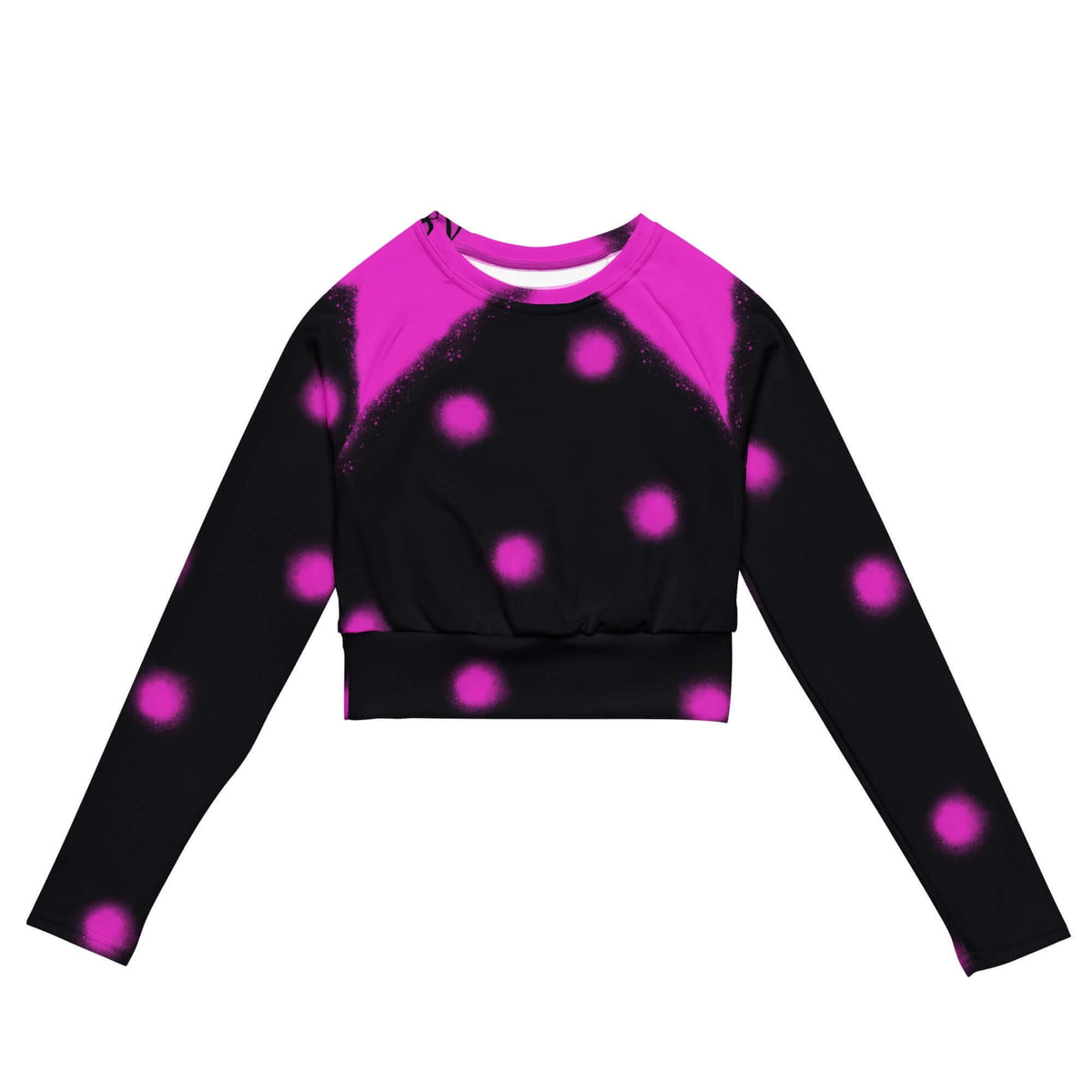 Front view of the SALA 3 | Attitude Topos Graff eco crop top by PapiJohn®. Featuring vibrant pink graffiti polka dots and splatter action painting artwork on faded black canvas by $arah Free 💎. High-end streetwear and luxury athleisure de autor curated in Cadifornia.