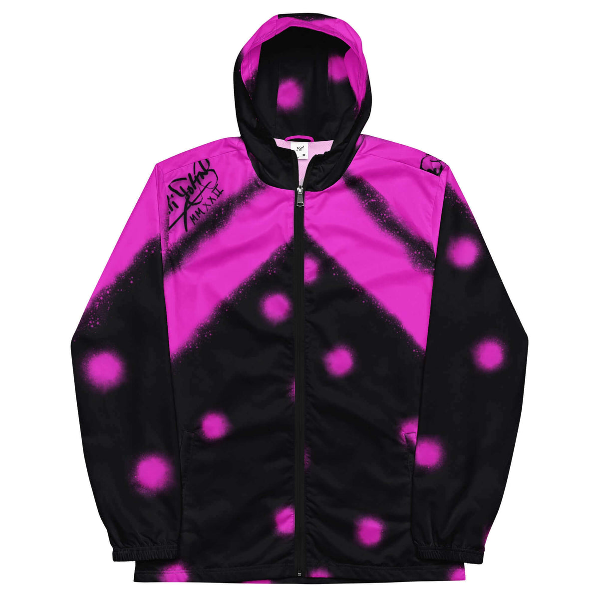 Front view of the SALA 3 | Attitude Topos Graff Windbreaker by PapiJohn®. Featuring vibrant fuchsia pink graffiti polka dots and splatter action painting artwork on faded black technical canvas by $arah Free 💎. High-end streetwear and luxury outerwear de autor curated in Cadifornia.