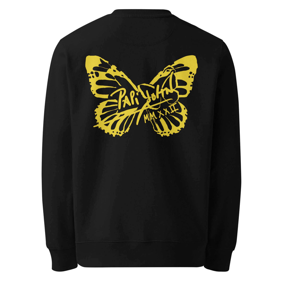Back view showing the structured fit and deep black eco-cotton canvas of the SALA 3 | Attitude Yellow Firm Eco Crew by PapiJohn®. Gallery archive piece, honest luxury crewneck, and wearable art curated in Cadifornia by $arah Free 💎.