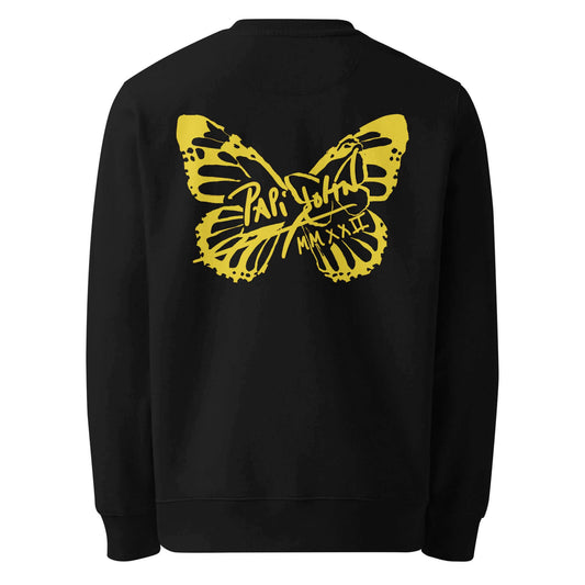 Back view showing the structured fit and deep black eco-cotton canvas of the SALA 3 | Attitude Yellow Firm Eco Crew by PapiJohn®. Gallery archive piece, honest luxury crewneck, and wearable art curated in Cadifornia by $arah Free 💎.