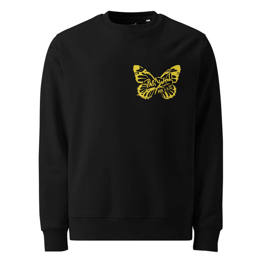 Front view of the SALA 3 | Attitude Yellow Firm Eco Crew by PapiJohn®. Featuring the iconic butterfly signature logo in bright solar yellow on deep black eco-cotton canvas by $arah Free 💎. High-end streetwear and luxury crewneck de autor curated in Cadifornia.
