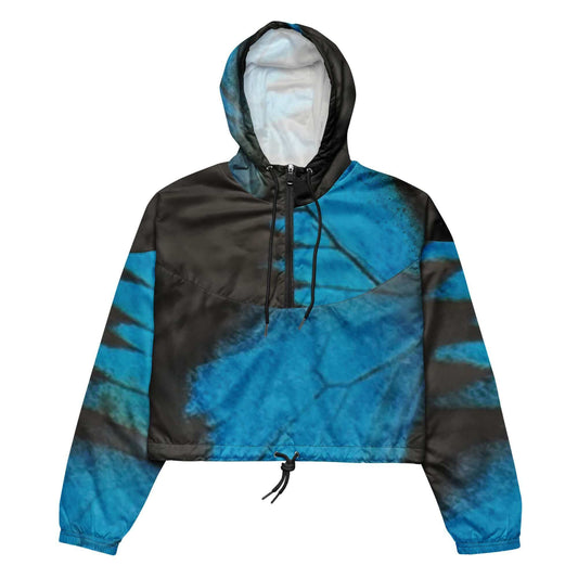 Front view of the SALA 3 | Crop Attitude Alas Blue Rinascimento Canvas by PapiJohn®. Featuring deconstructed botanical electric blue monarch wing artwork on a structured cropped canvas silhouette by $arah Free 💎. High-end luxury crop streetwear curated in Cadifornia.