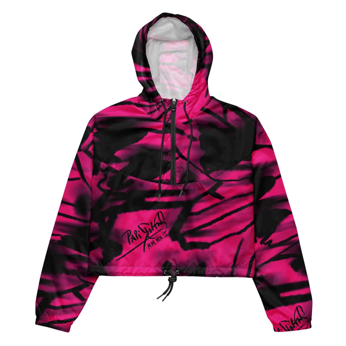 Front view of the SALA 3 | Crop Attitude Alas Graff Pink Rinascimento Canvas by PapiJohn®. Featuring high-voltage fuchsia pink graffiti monarch wing artwork on a structured cropped black canvas silhouette by $arah Free 💎. High-end luxury streetwear de autor curated in Cadifornia.