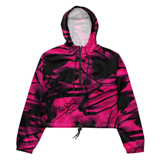 Front view of the SALA 3 | Crop Attitude Alas Graff Pink Rinascimento Canvas by PapiJohn®. Featuring high-voltage fuchsia pink graffiti monarch wing artwork on a structured cropped black canvas silhouette by $arah Free 💎. High-end luxury streetwear de autor curated in Cadifornia.