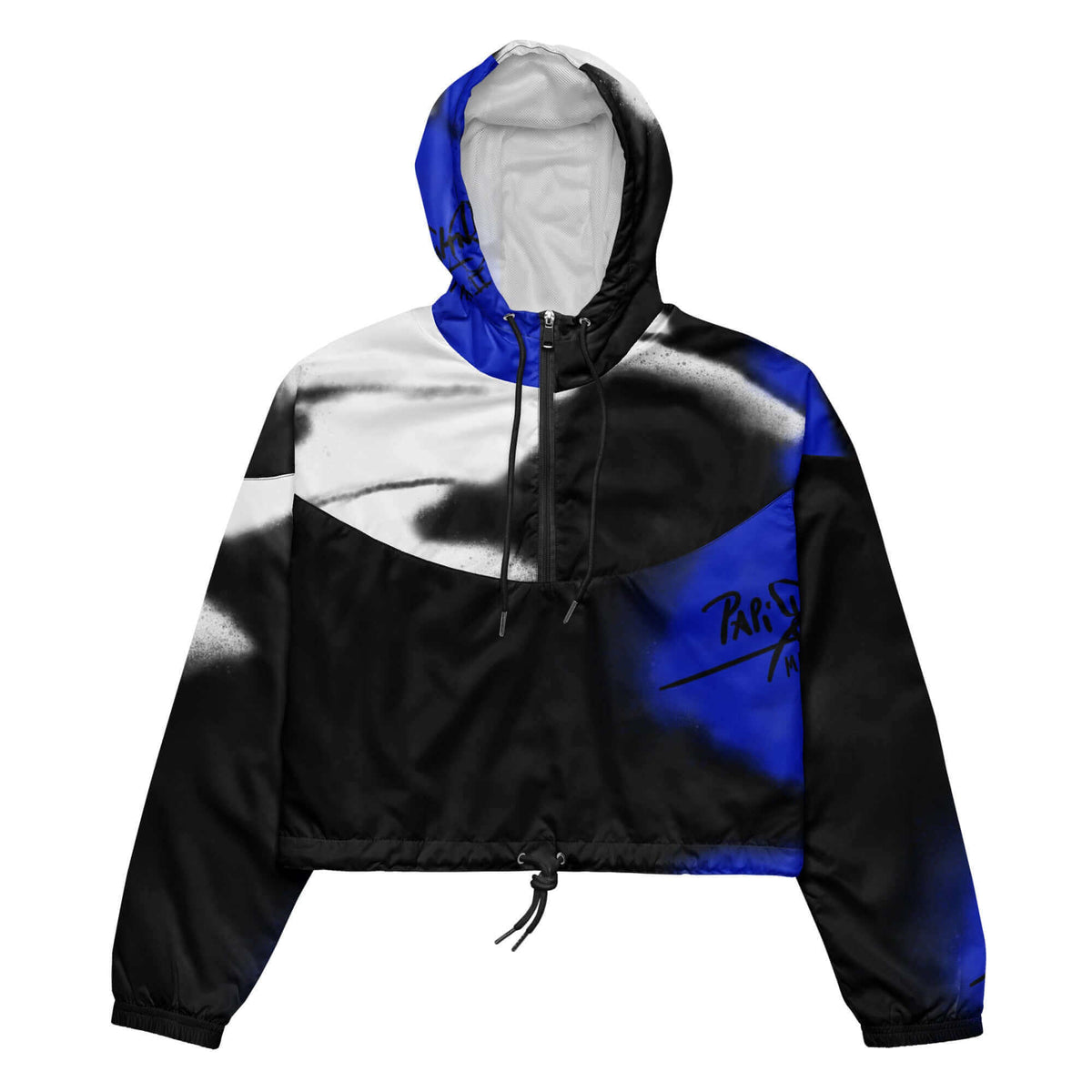 Front view of the SALA 3 | Crop Attitude Blue Windbreaker by PapiJohn®. Featuring electric blue monarch butterfly wing artwork on technical cropped canvas by $arah Free 💎. High-end streetwear and luxury technical outerwear de autor curated in Cadifornia.