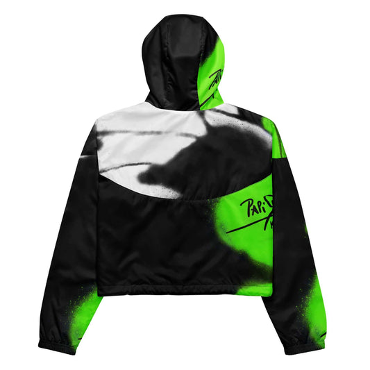 Back view showing the technical cropped windbreaker silhouette and continuous fluor neon green wing artwork of the SALA 3 | Crop Attitude Neon Monarca Windbreaker by PapiJohn®. Gallery archive piece, honest luxury cropped jacket, and wearable art curated in Cadifornia by $arah Free 💎.