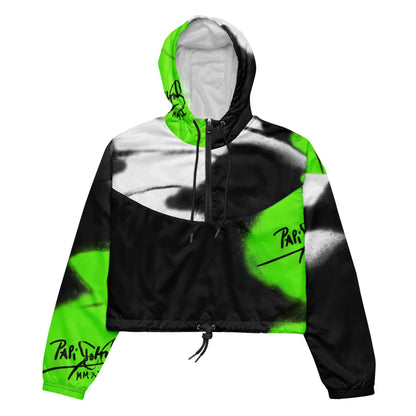 Front view of the SALA 3 | Crop Attitude Neon Monarca Windbreaker by PapiJohn®. Featuring hyper-saturated neon green monarch butterfly wing graphics on a technical cropped jacket silhouette by $arah Free 💎. High-end luxury streetwear and cropped technical outerwear curated in Cadifornia.