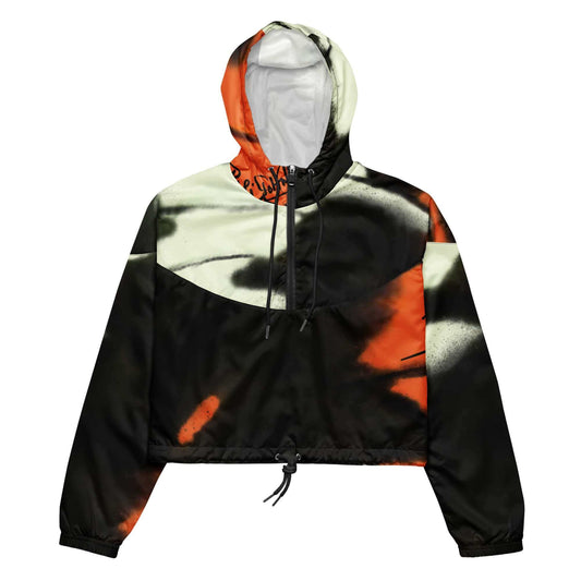 Front view of the SALA 3 | Artist Choice | Crop Monarca Origin Windbreaker by PapiJohn®. Featuring the foundational heritage orange monarch butterfly artwork on a cropped black technical windbreaker silhouette by $arah Free 💎. High-end luxury streetwear and technical outerwear de autor curated in Cadifornia.
