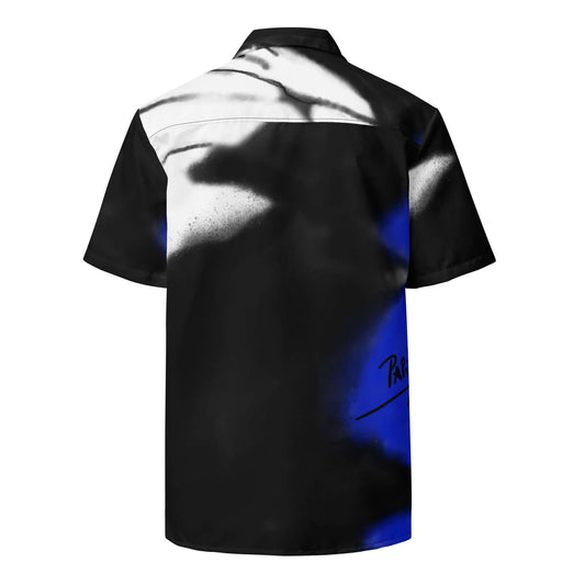 Back view showing the relaxed drape and all-over blue monarch graffiti print of the SALA 3 | Monarca Blue Surf Shirt by PapiJohn®. Eco studio canvas, gallery archive piece, and honest luxury wearable art curated in Cadifornia by $arah Free 💎.