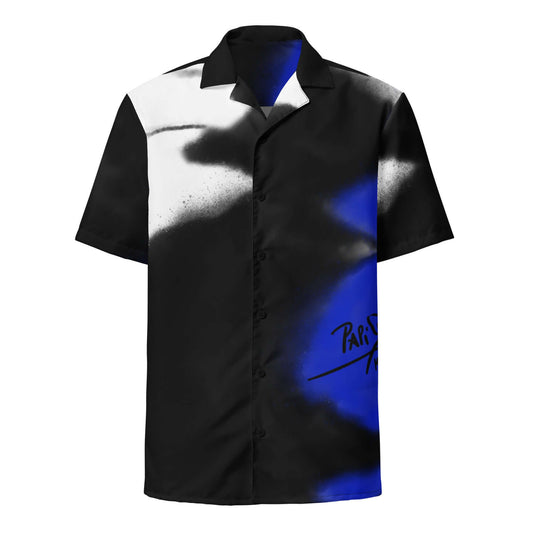 Front view of the SALA 3 | Monarca Blue Surf Shirt by PapiJohn®. Featuring all-over electric blue monarch butterfly graffiti artwork and 90s surf aesthetic by $arah Free 💎. High-end streetwear and luxury streetwear de autor curated in Cadifornia.