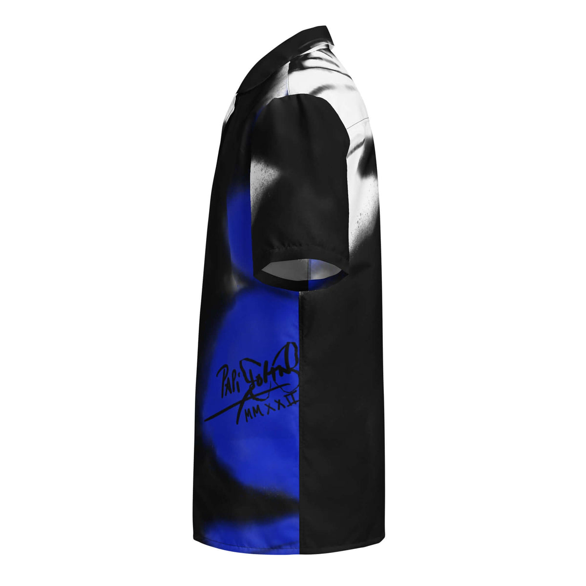 Side profile view showing the left side and sleeve of the SALA 3 | Monarca Blue Surf Shirt by PapiJohn®. Highlighting the electric blue butterfly wing graffiti details on eco canvas by $arah Free 💎.