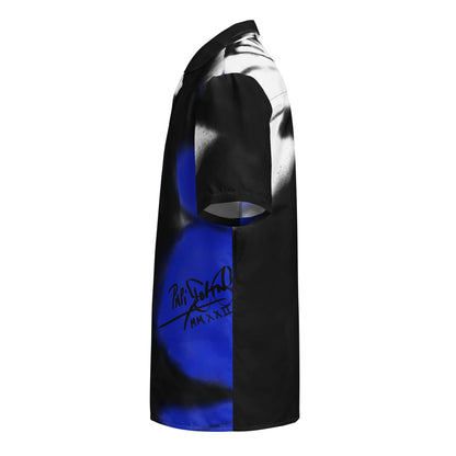Side profile view showing the left side and sleeve of the SALA 3 | Monarca Blue Surf Shirt by PapiJohn®. Highlighting the electric blue butterfly wing graffiti details on eco canvas by $arah Free 💎.