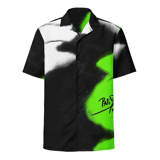 Front view of the SALA 3 | Monarca Neón Surf Shirt by PapiJohn®. Featuring deconstructed electric neon green monarch butterfly wing graffiti artwork and 90s surf silhouette by $arah Free 💎. High-end streetwear and luxury streetwear de autor curated in Cadifornia.