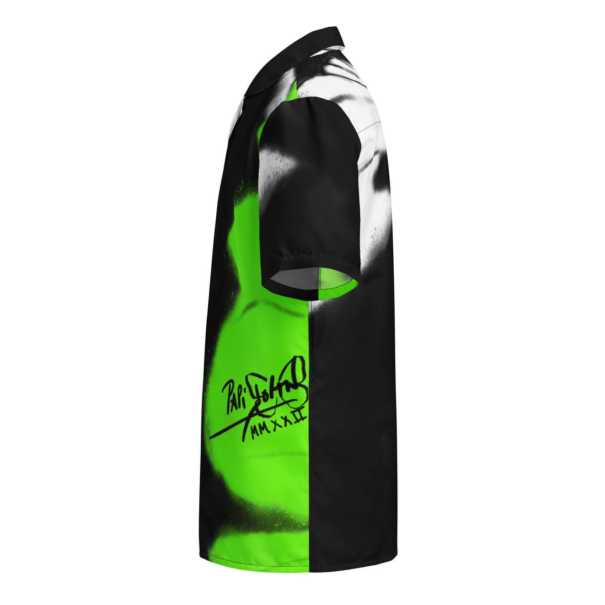 Side profile view showing the left side and sleeve of the SALA 3 | Monarca Neón Surf Shirt by PapiJohn®. Highlighting the acid neon green butterfly wing graffiti details on eco canvas by $arah Free 💎.