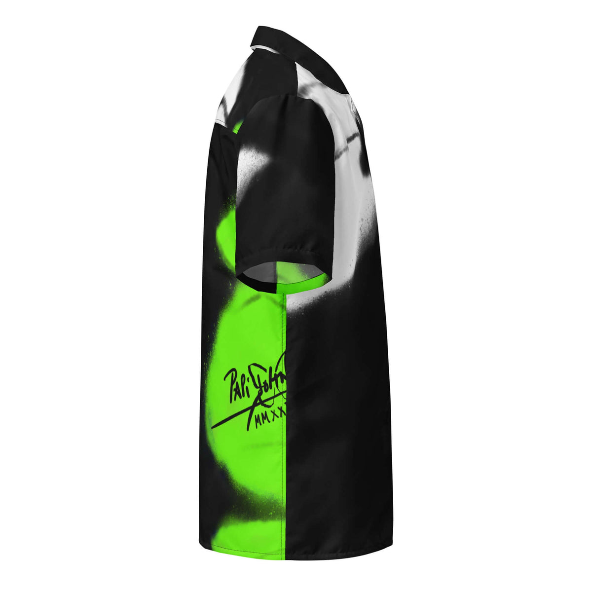 Side profile view showing the right side and sleeve of the SALA 3 | Monarca Neón Surf Shirt by PapiJohn®. Showcasing the macro neon monarch wing stroke and raw spray art finish by $arah Free 💎.