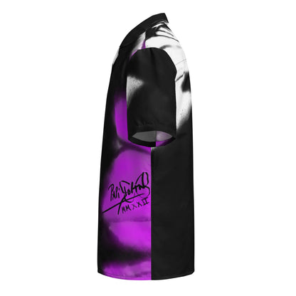 Side profile view showing the left side and sleeve of the SALA 3 | Monarca Pink Surf Shirt by PapiJohn®. Highlighting the vibrant pink butterfly wing graffiti details on eco canvas wearable art curated in Cadifornia by $arah Free 💎.