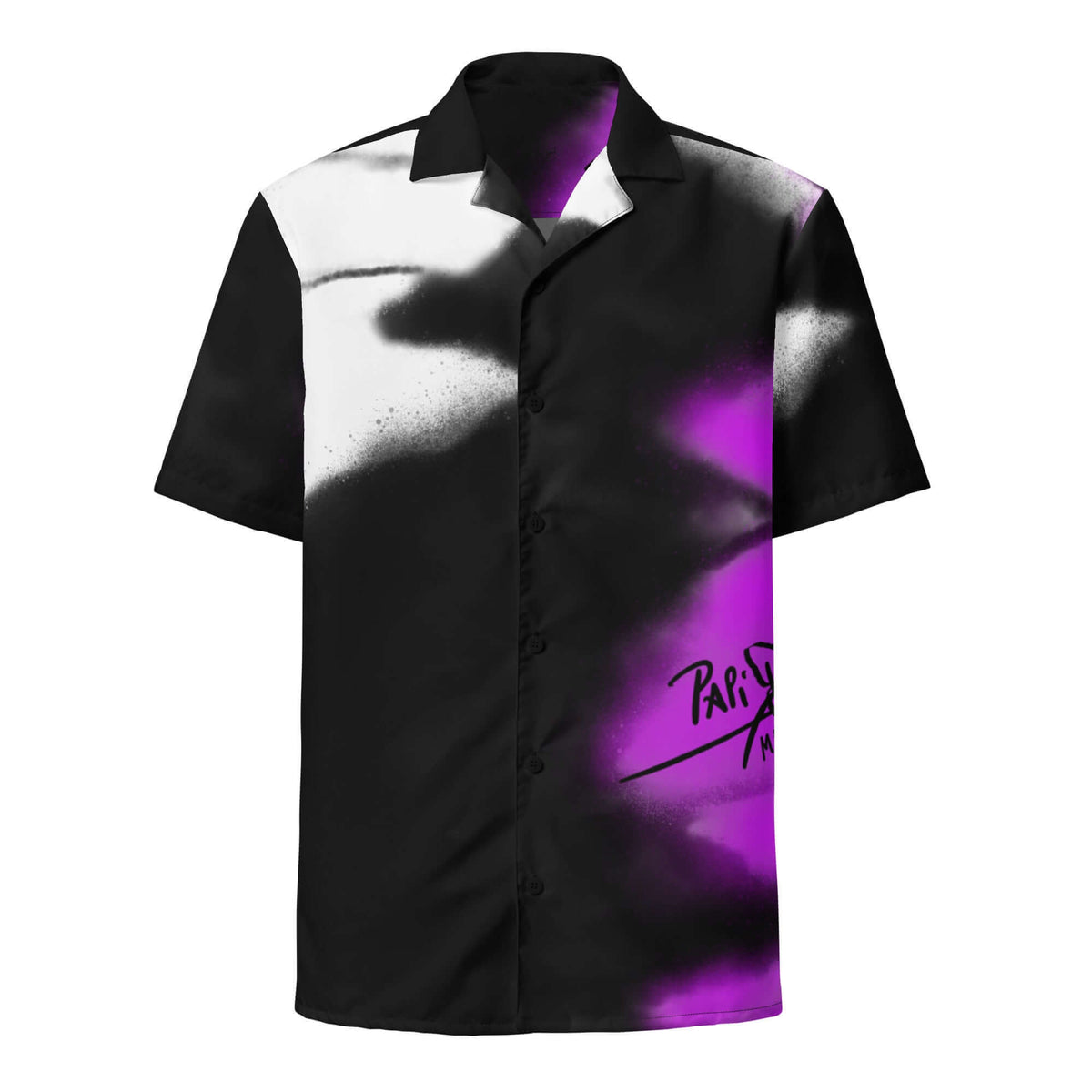 Front view of the SALA 3 | Monarca Pink Surf Shirt by PapiJohn®. Featuring hand-drawn pink monarch butterfly wing graffiti artwork, vibrant magenta accents, and 90s surf silhouette by $arah Free 💎. High-end streetwear de autor curated in Cadifornia.
