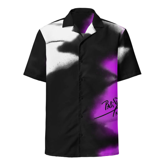 Front view of the SALA 3 | Monarca Pink Surf Shirt by PapiJohn®. Featuring hand-drawn pink monarch butterfly wing graffiti artwork, vibrant magenta accents, and 90s surf silhouette by $arah Free 💎. High-end streetwear de autor curated in Cadifornia.