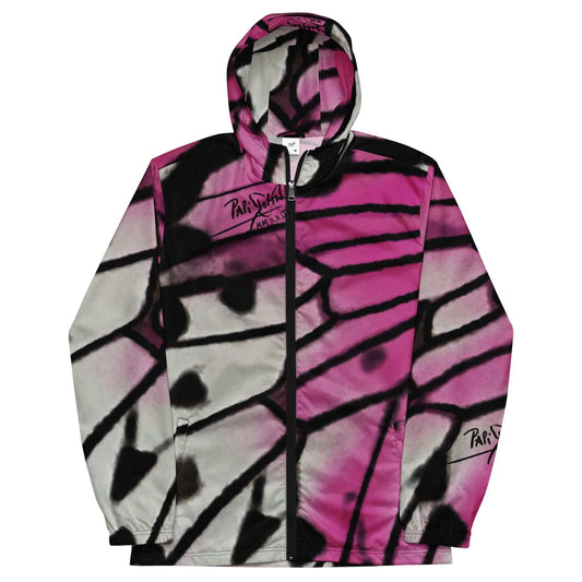 Front view of the SALA 3 | New Alas Graff Windbreaker by PapiJohn®. Featuring macro monarch butterfly wing artwork with black spray paint textures transitioning from vibrant pink to pure white by $arah Free 💎. High-end streetwear and luxury outerwear de autor curated in Cadifornia.