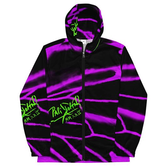 Front view of the SALA 3 | Purple Wing Neon Canvas Studio Jacket by PapiJohn®. Featuring lightweight windbreaker construction with reverse faded purple monarch wing graphics and neon signatures on faded black canvas by $arah Free 💎. High-end streetwear curated in Cadifornia.