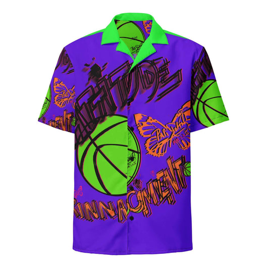 Front view of the SALA 3 | Surf Retro Basket Rinascimento eco oversized shirt canvas by PapiJohn®. Featuring 90s California surf and street basket collage artwork with acid colors and raw graffiti strokes by $arah Free 💎. High-end streetwear and luxury streetwear de autor curated in Cadifornia.